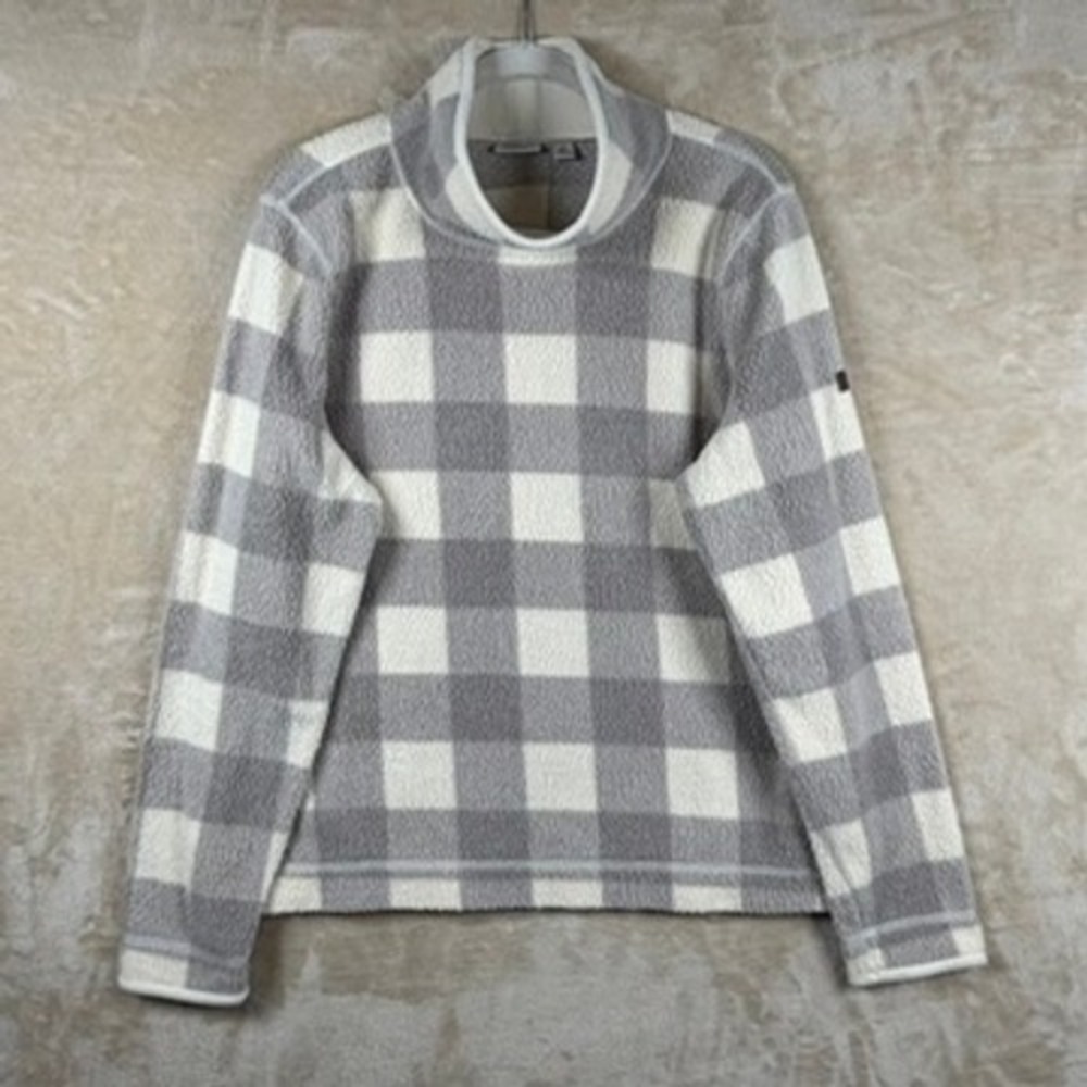 LL Bean Womens L Grey Buffalo Plaid Fleece Funnel Neck Pullover Top Granola Girl
